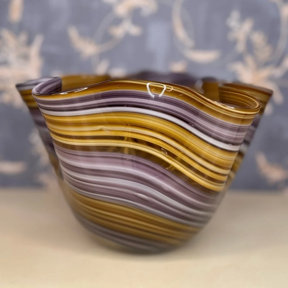 Vintage Estate Murano Style Art Glass Handkerchief Bowl Brown Purple